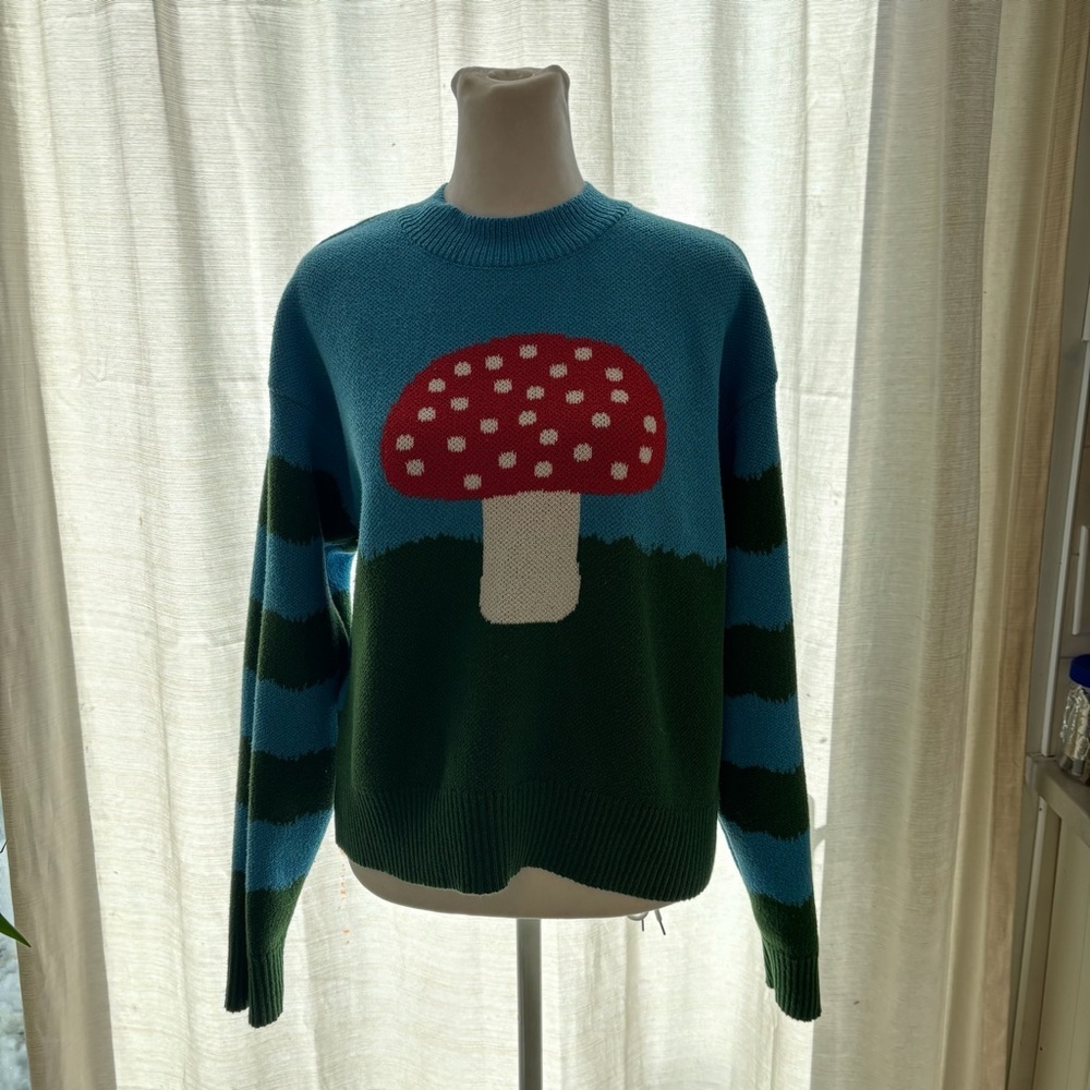 Zara Mushroom Toadstool Knit Sweater Size Medium Blue Green Pullover - Picture 3 of 10